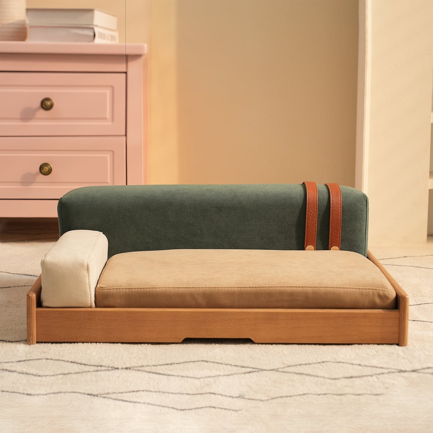 Modern Wooden Pet Bed for Cats & Dogs, Oak Veneer, Scratch-Resistant Fabric, Removable Cushion