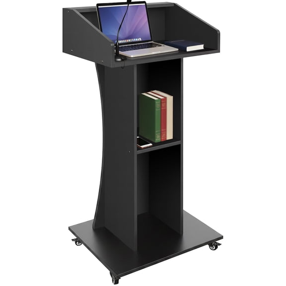 Modern Wooden Podium Stand With Lockable Caster Wheels Mobile Lectern Pulpit Table Featuring 3 Storage Shelves Curved Side Panels For Classroom Church Office Conference Room Public Speaking