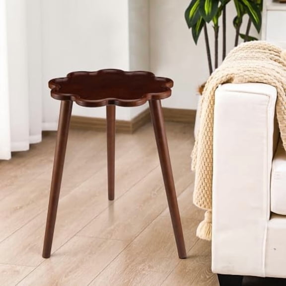Modern Wooden Round Small Side Table 15" x 15" x 22" Brown Mid Century Solid Wood Martini End Table with Wavy Edge for Bedroom Nightstand or Living Room Accent Decor$$Furniture