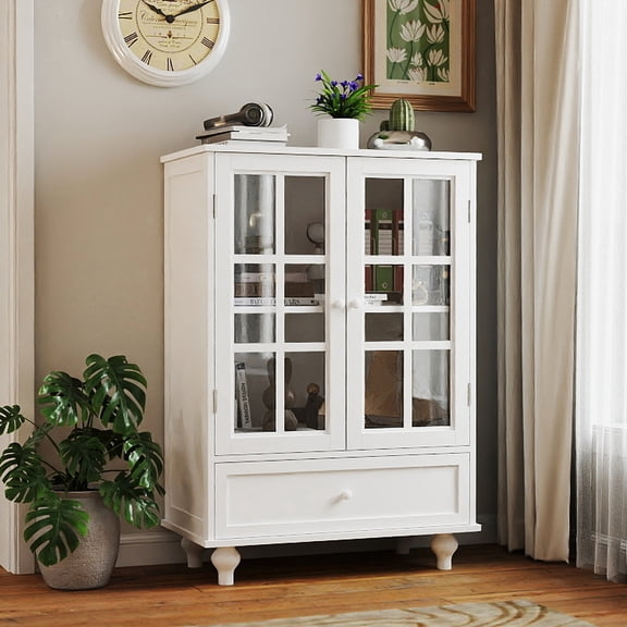 Modern Wooden Sideboard Cupboard With Double Glass Doors And Drawer - Minimalist White Buffet Cabinet For Living Room, Dining Hallway, Entryway Damp- Versatile Use Practical