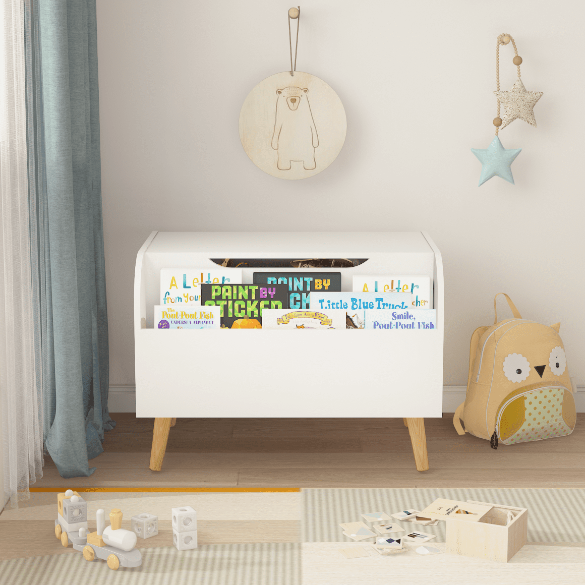 Modern Wooden Toy Box, Kids Toy Storage Organizer with Front Bookshelf, Flip-Top Lid, Safety Hinge, Boys Girls Toy Chest Bench for Playroom Kids Room Organization (White)