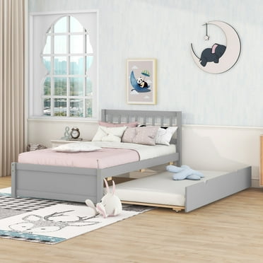 Modern Wooden Twin Size Bed Frame with Trundle, Wooden Platform Bed Frame with Headboard and Strong Slat Support for Bedroom, No Box Spring Needed, Grey