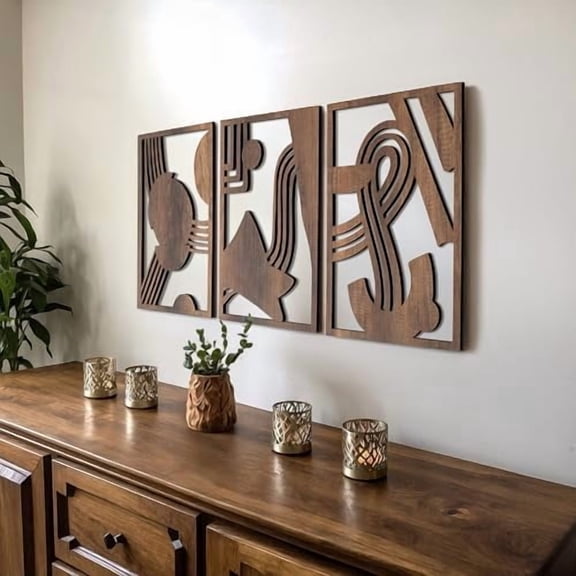 Modern Wooden Wall Sculptures - Set of 3 - Home Decor Accent - Large Wall Art for Living Room, Bedroom, Office - Easy Installation (Walnut, Medium - Abstract Shapes)