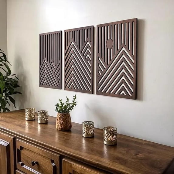 Modern Wooden Wall Sculptures - Set of 3 - MDF - Oak - Home Decor Accent - Wall Art for Living Room, Bedroom, Office - Easy Installation (Walnut, Mountain and Sun, Unframed)