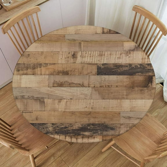 Modern Wooden Wallpaper Texture Background Round Tablecloths Elastic Edged Washable Tables Covers for Indoor Outdoor, Fit for Diameter 32.2"-36.1" Round Table, Style 34