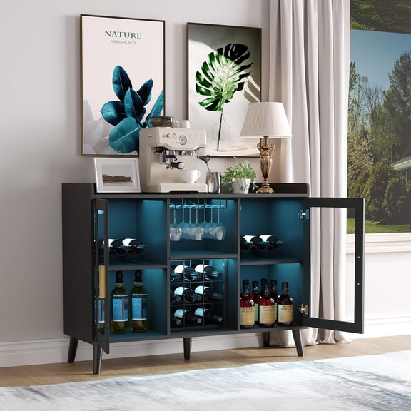 Modern Wooden Wine Bar Cabinet with LED Lighting – Wine Racks, Glass Holders, Glass Doors – Freestanding Sideboard Storage for Living Room, Kitchen, Dining Room, Walnut Finish
