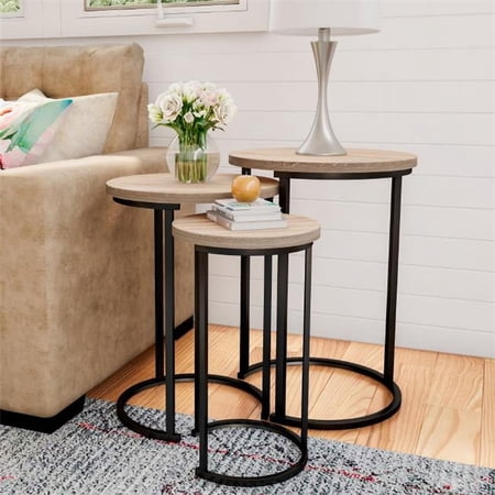 Modern Woodgrain Look Round Nesting Tables, Light Oak Wood-Look with Black Legs - Set of 3