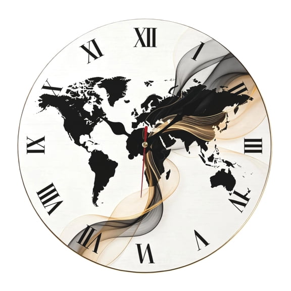 Modern World Map Wall Clock 10 Inch Battery Operated Silent Non Ticking Decorative for Bedroom Living Room Kitchen Home Bathroom