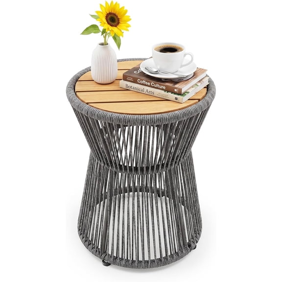 Modern Woven Rope Outdoor Side Table – Round Patio End Table with Gray Rope and Natural Wood Top – Compact Accent for Balcony, Backyard, Poolside – Gray + Natural Wood, Diameter 16in Height
