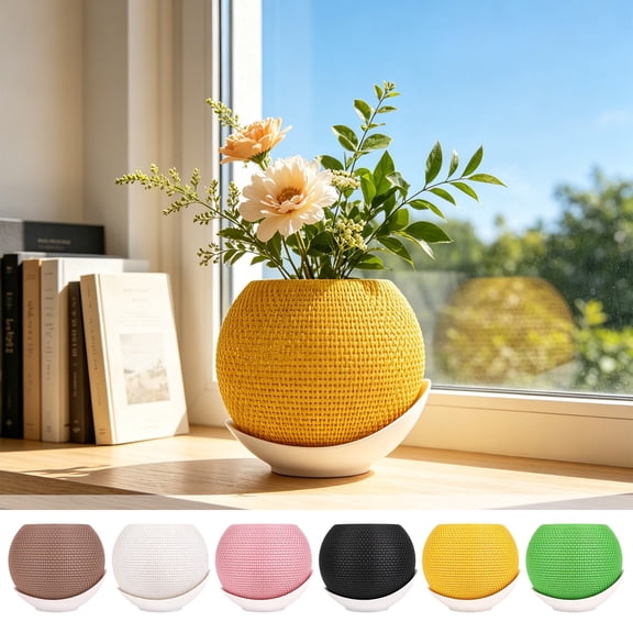 Modern Woven Textured Flower Pot, Two Tone Split Design Small Bonsai Pot, Decorative Indoor Plants Container, Planter for Living Room, Home Office Desk Shelf Decoration, White