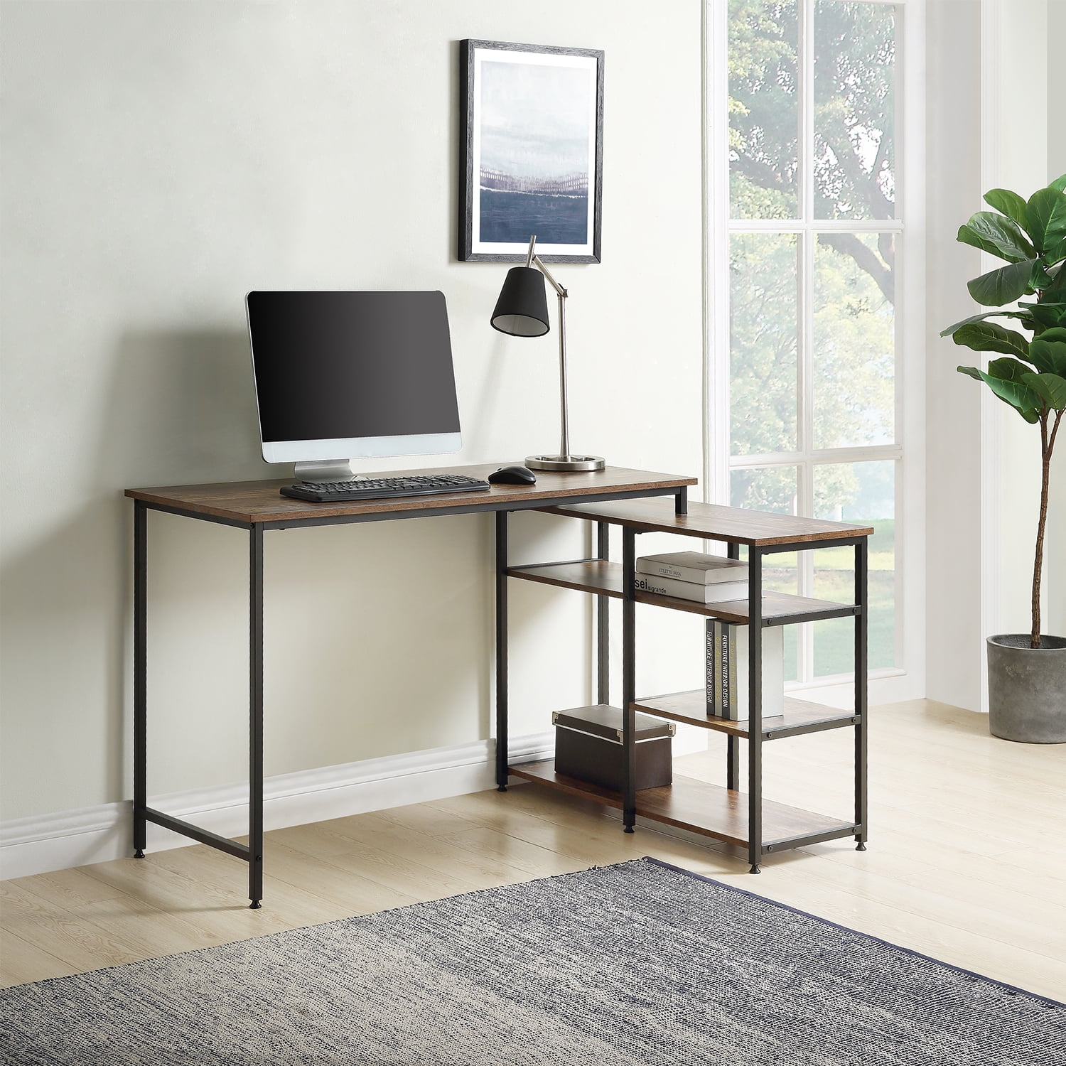 Modern Writing Desk with Bookshelves, Laptop Table Workstation, L-Shaped Computer Desk, Brown