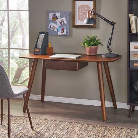 Modern Writing Desk with Drawer, Home Office Desk Computer Table Study Desk for Small Spaces, Walnut Finish Workstation with Storage