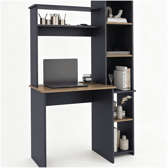 Modern Writing Desk with Hutch and Open Shelves, Multi-Tone Wood Grain Finish for Home Office and Study Room
