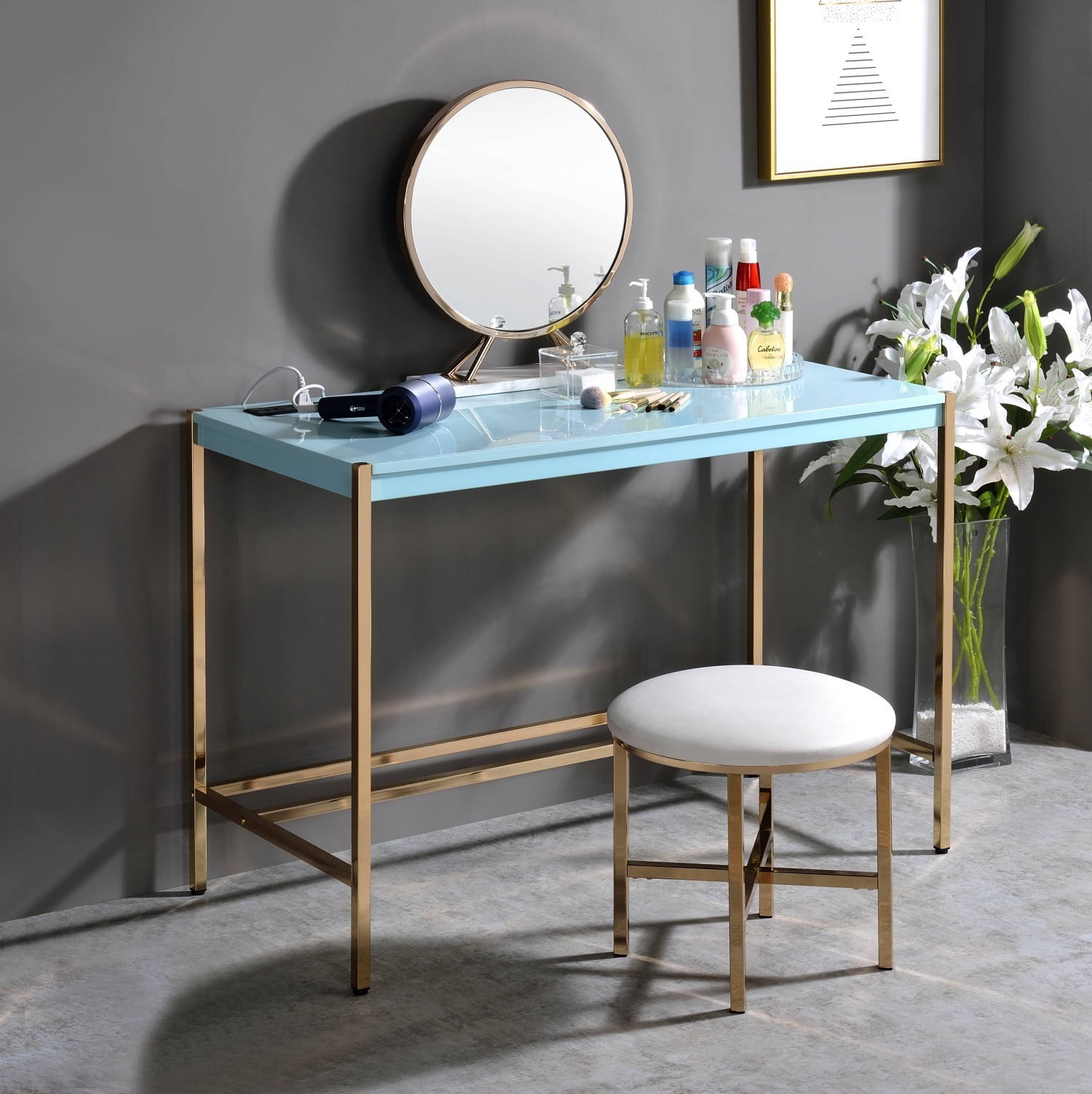 Modern Writing Desk with USB Port, Baby Blue & Gold Finish Minimalist Computer Desk for Home Office Bedroom Study