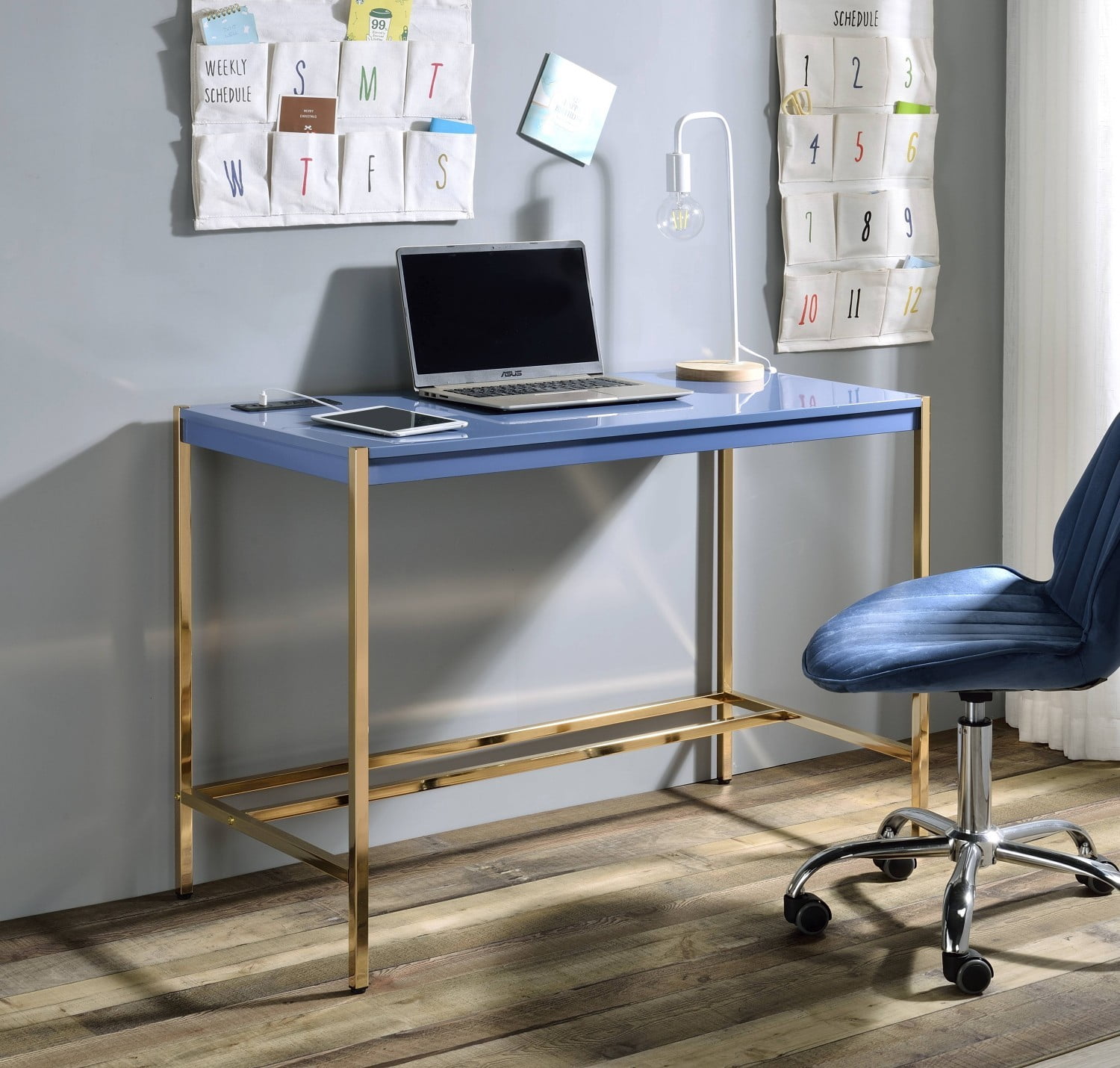 Modern Writing Desk with USB Port, Navy Blue & Gold Finish Minimalist Computer Desk for Home Office Bedroom Study