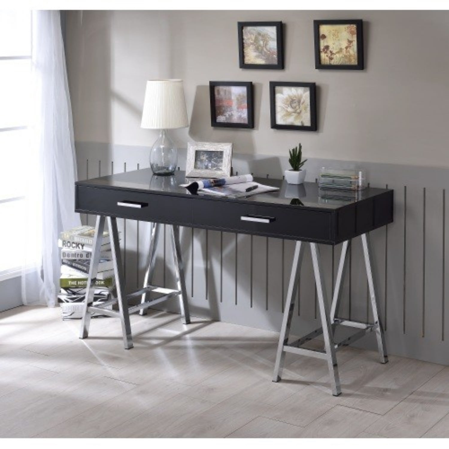 Modern Writing Desk with USB Ports, Black High Gloss Computer Desk with 2 Drawers & Chrome Metal Frame for Home Office Study