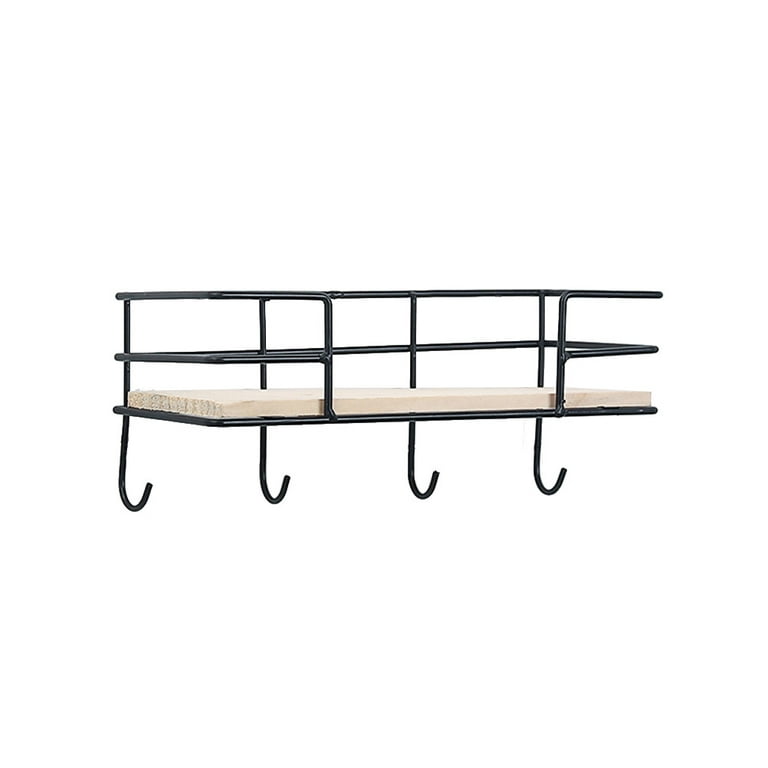 Modern Wrought Iron Storage Rack Wall-mounted Decorative Shelf Hanging  Holder Organizer with Hooks (4 Hooks, Black) 