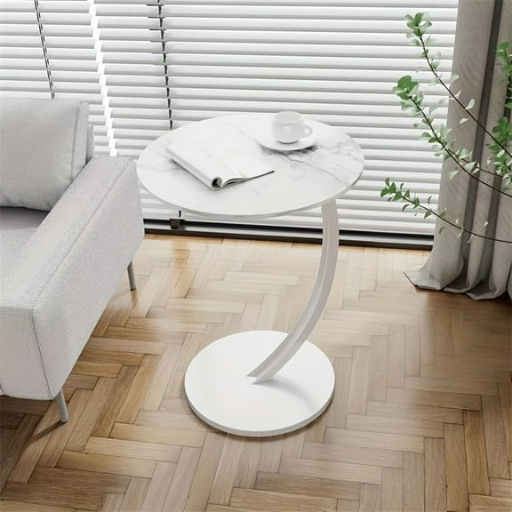 Modern Wrought Iron & Wood Side Table - Marble-Like White Top with Storage Shelf - Space-Saving for Living Room, Bedroom - Black Metal Frame, Easy Assembly