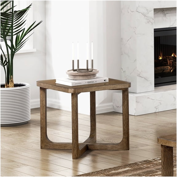 Modern X-Base End Table, Light Brown Square Side Table for Living Room, Sofa, Couch, Bedroom
