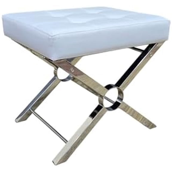 Modern X-Frame Stool - Luxury Chrome Steel Base with White Upholstery Cushion Faux Leather Soft Seat, Vanity Bench - Modern Style Accent Furniture for Living Room, Bedroom$$Furniture