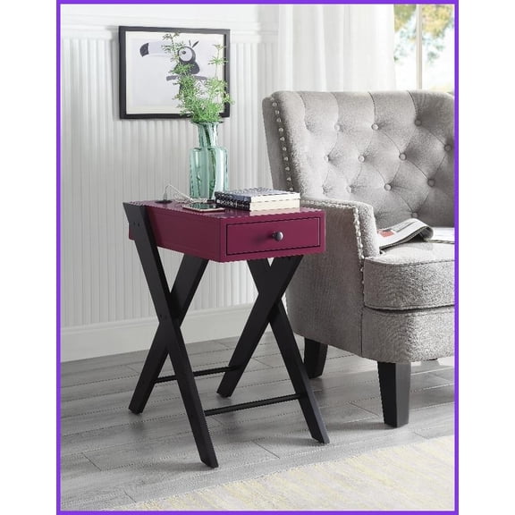 Modern X-Leg Coffee Table with Built-in USB Port Burgundy Tabletop & Single Drawer for Living Room