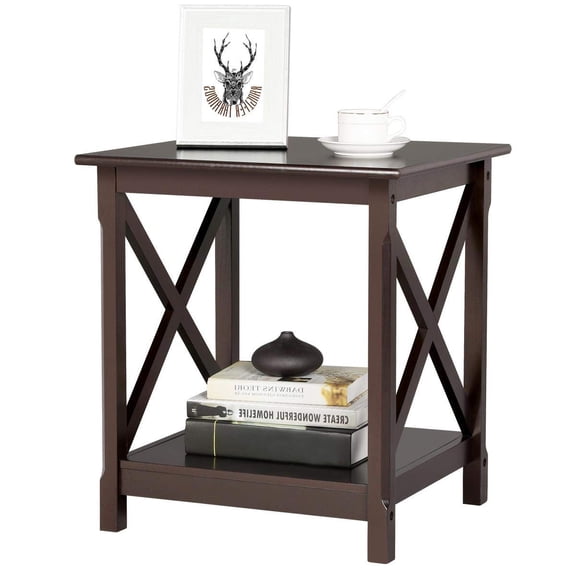 Functional X-Design Side Table, Rustic Wooden End Table with Storage for Apartment Dorm Office, Espresso Brown