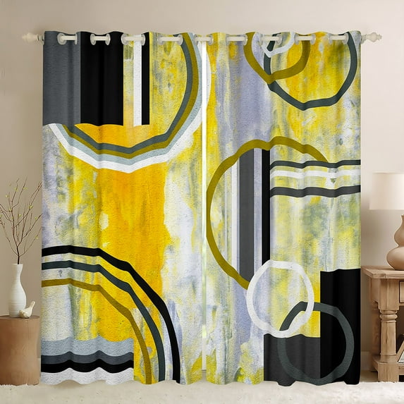 Modern Yellow Black Grey Blackout Curtains,Watercolor Oil Painting Curtains,Geometry Circles Window Curtains & Drapes,Contemporary Artwork Texture Bedroom Decor Window Treatments 42"X84"