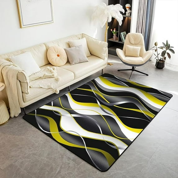 Modern Yellow Black White Twisted Stripes Area Rug, Abstract Geometric Moire Indoor Non Slip Large Area Rugs, Machine Washable Durable Carpet For Living Room Bedroom Office 5x6ft