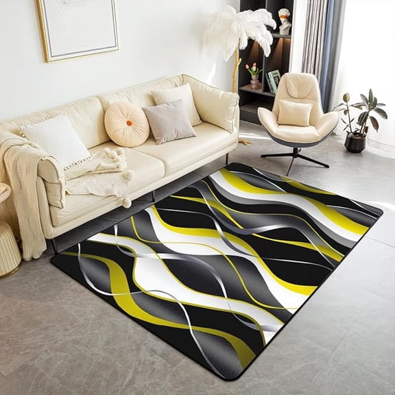 Modern Yellow Black White Twisted Stripes Area Rug, Abstract Geometric Moire Indoor Non Slip Large Area Rugs, Machine Washable Durable Carpet For Living Room Bedroom Office 5x7ft