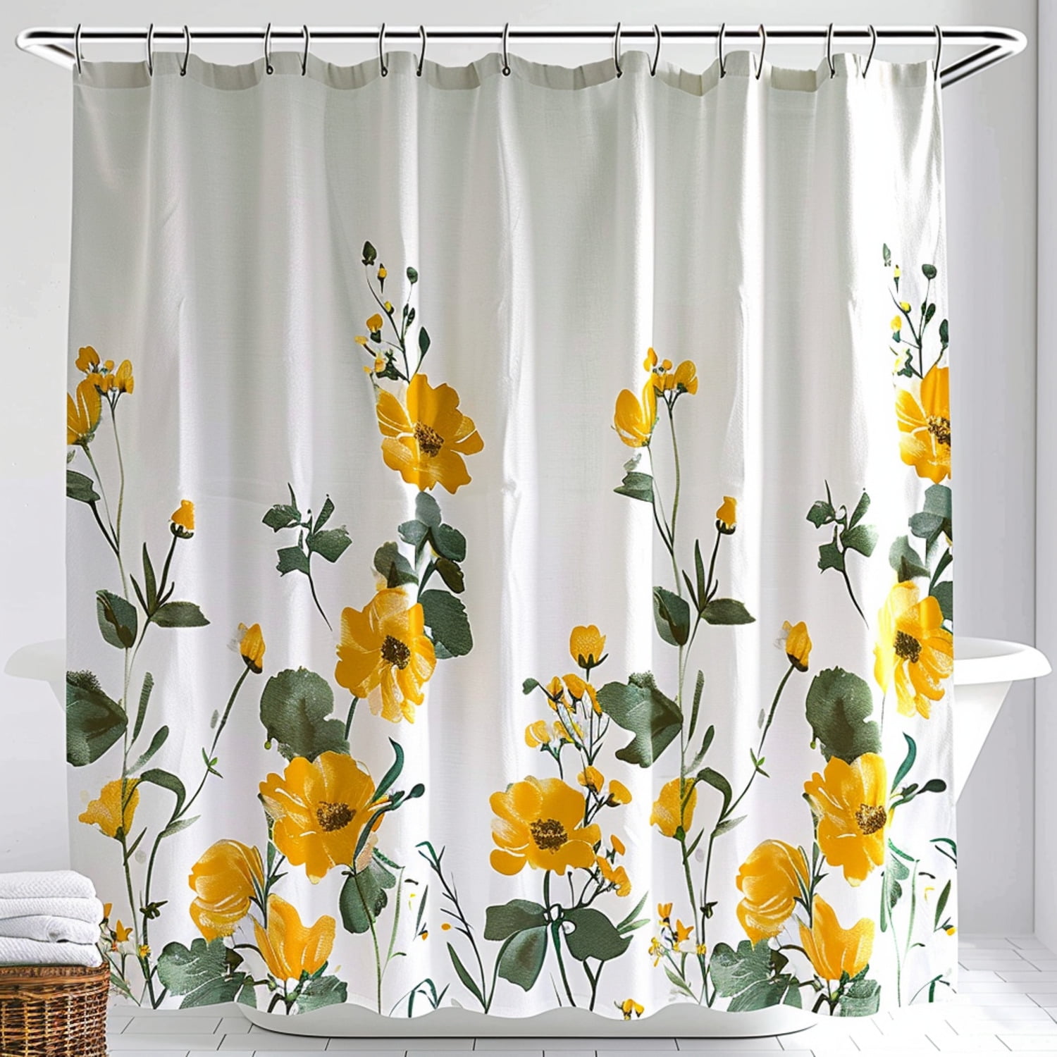 Modern Yellow Floral Shower Curtain with Green Accents Simple Design Linen Fabric Bathroom Decor ...