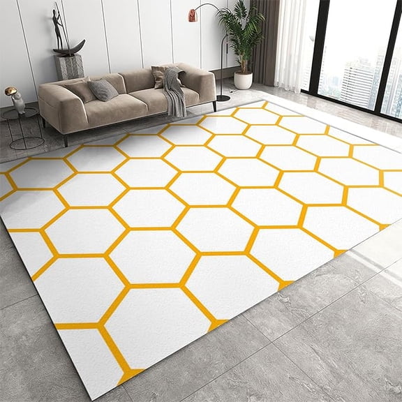 Modern Yellow Hexagon Area Rug, Minimalist Geometric Rug, Anti-Skid Foldable Hardwearing Washable Easy Clean Rugs For Living Room Bedroom Entryway Hallway Office Apartment 5 x 8ft