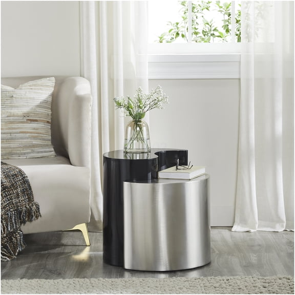 Modern Yin Yang End Table, Iron Side Table with Black and Silver Finish for Contemporary Living Room