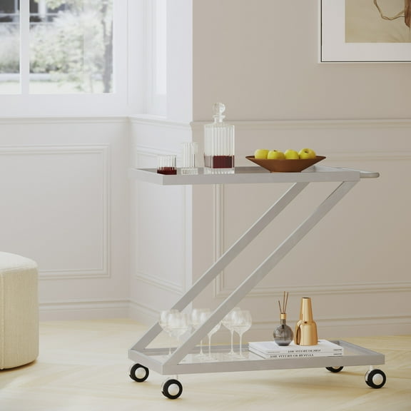 Modern Z-Shape Bar Cart with Tempered Glass Shelves and Locking Wheels, Mobile Rolling Drink Trolley for Home Bar or Kitchen Use