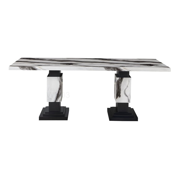 Modern Zebra Print Dining Table, Rubberwood Rectangular Table with Faux Marble Top for 6 Seats