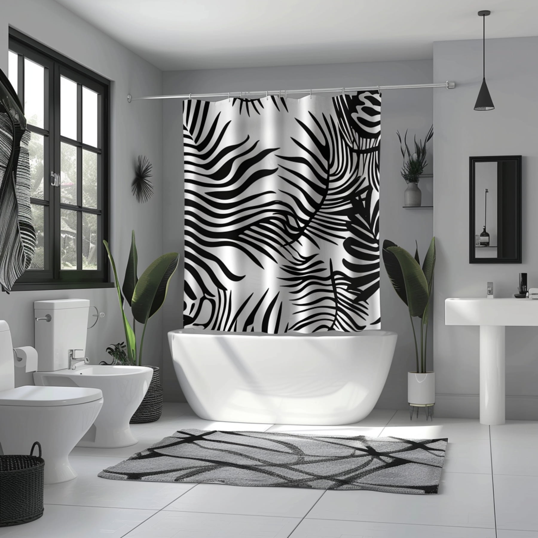 Modern Zebra Print Shower Curtain with Black Palm Leaf Accents Brighten