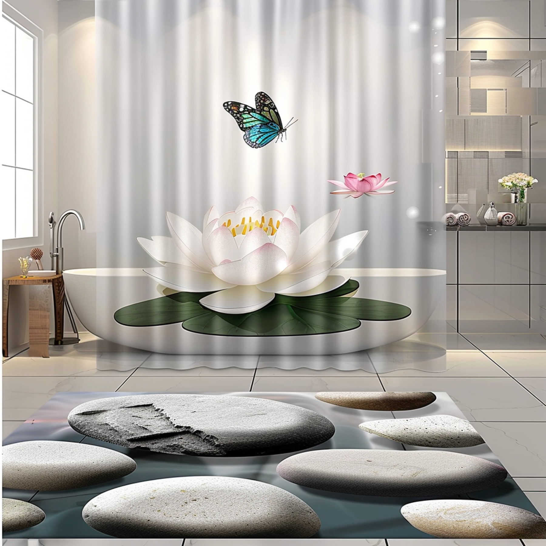 Modern Zen Bathroom Decor with Lotus Flower Butterfly Pebbles and Zen