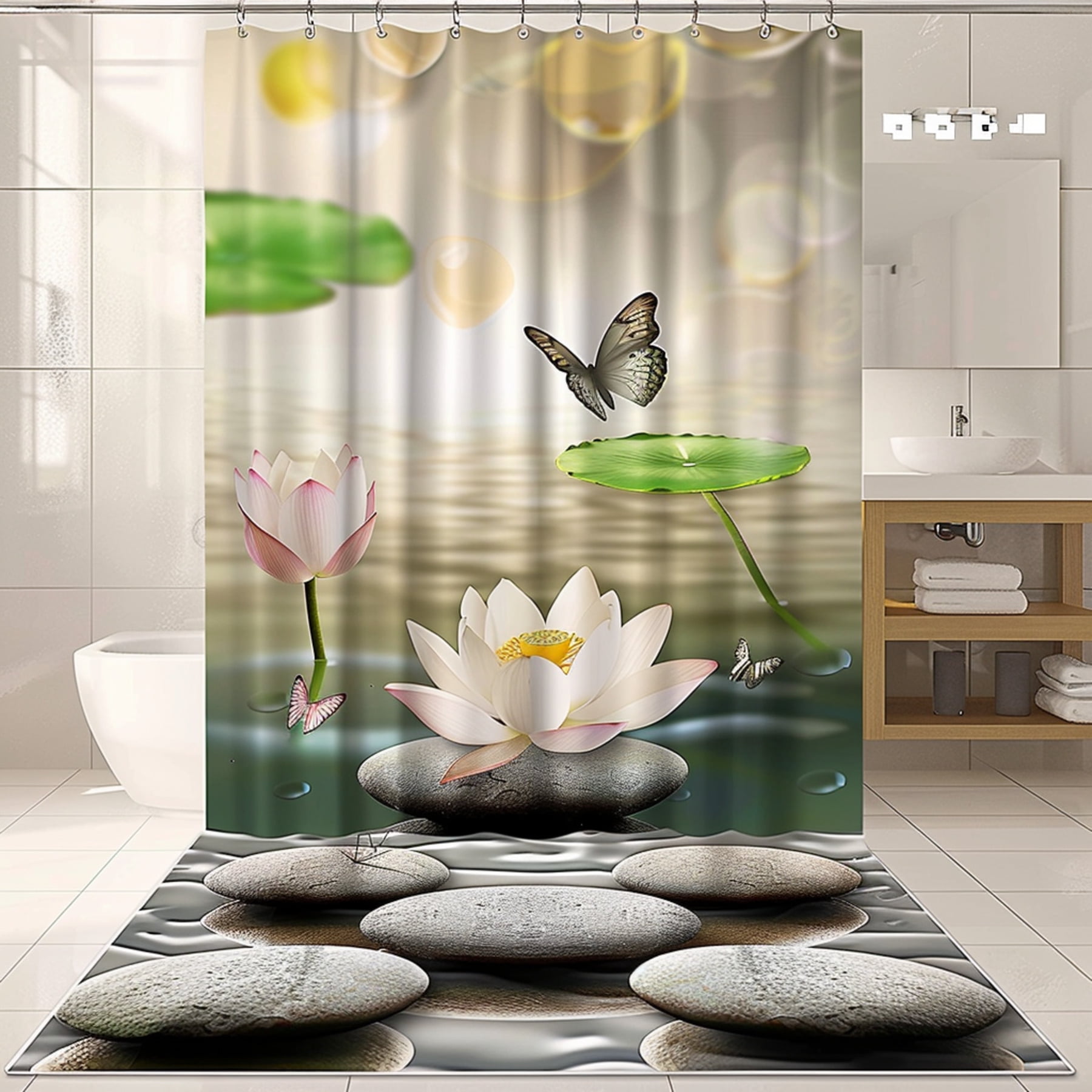Modern Zen Lotus Flower Shower Curtain with Butterfly and Pebbles Design Bathroom Decor Zen ...