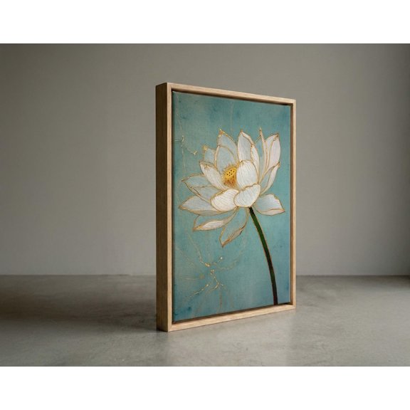Modern Zen White Lotus Elegant Teal Gold Botanical Wall Decor Unframed Paper Print