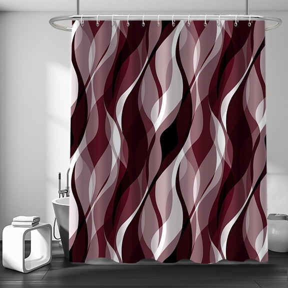 Modern abstract gray and brown striped shower curtain set bathroom with hooks, 72x72 inches