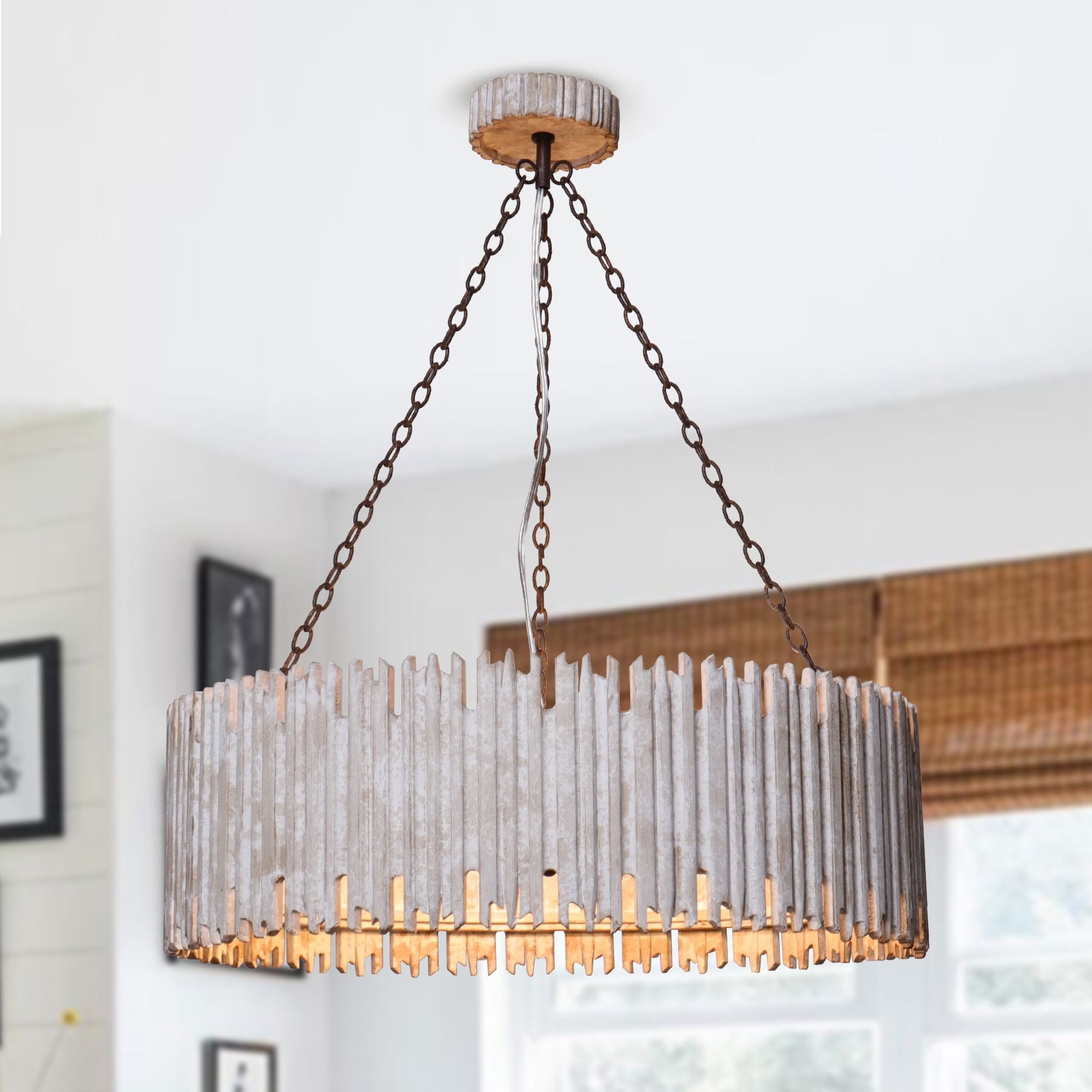 Antique White Wood and Metal Drum Chandelier with 3 Lights