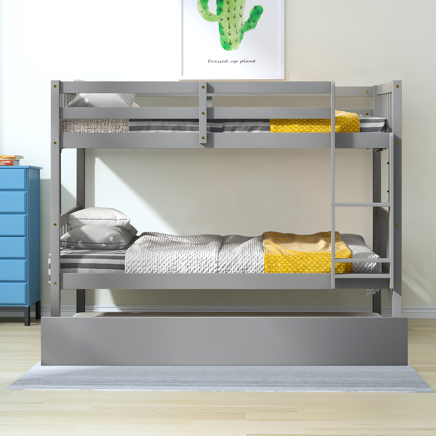 Modern and Minimalist Style Twin Size Wooden Bunk Bed with Ladder and A Trundle, Grey - image 1 of 5