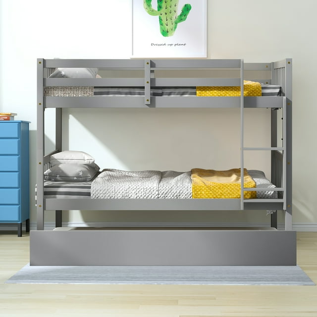 Modern and Minimalist Style Twin Size Wooden Bunk Bed with Ladder and A Trundle, Grey
