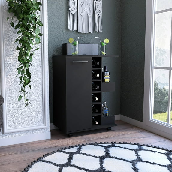Modern and Spacious - Black Bar Cart with Wine Rack for Dining Room Entertainment