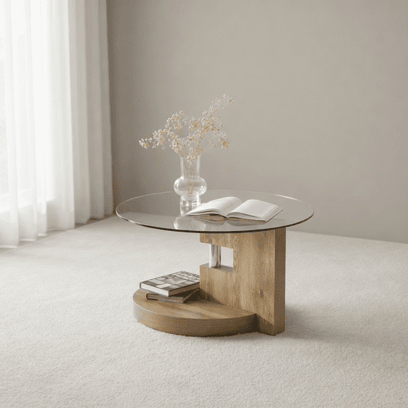 Modern and practical double-layer round table. Glass table top, wood MDF table legs. Suitable for Office, Dining Room and Living Room Walnut