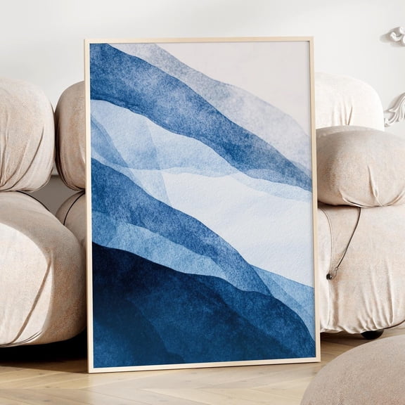 Modern bedroom wall art Nordic illustration of blue waves Watercolor poster of abstract ar