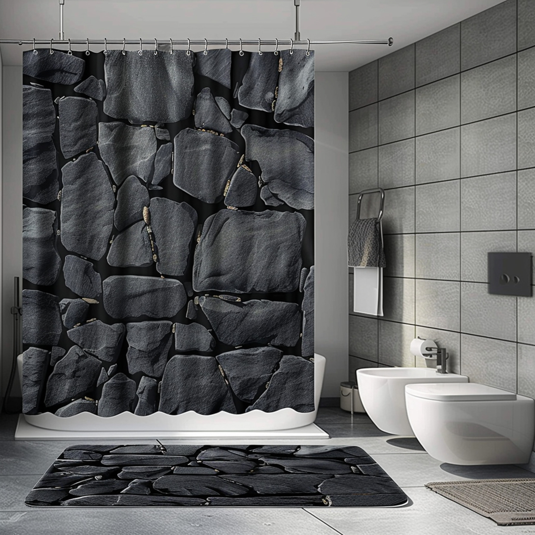 Modern black stone texture shower curtain with matchingand floor for a ...