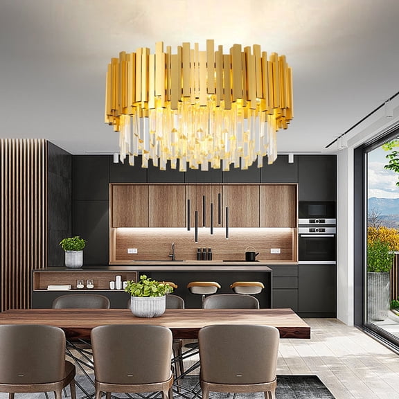 RRBEST Modern Chandelier Crystal Light Fixture, E14 Lights for Dining Room Round Crystal(Gold 55cm)