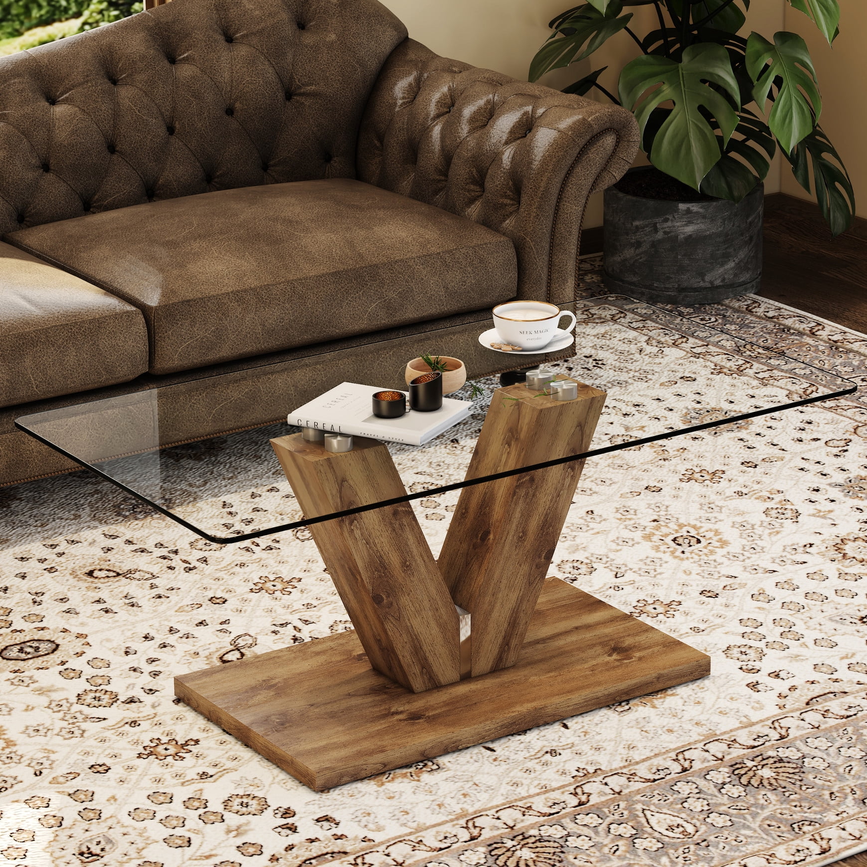 Table Sticker Deco Modern coffee table with wood grain sticker on transparent glass - Long ...