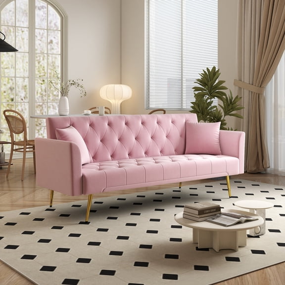 Modern convertible 72 inch foldable sleeper sofa with tufted, American retro style, made of pink velvet material, suitable for small living rooms, bedrooms and offices. pink color