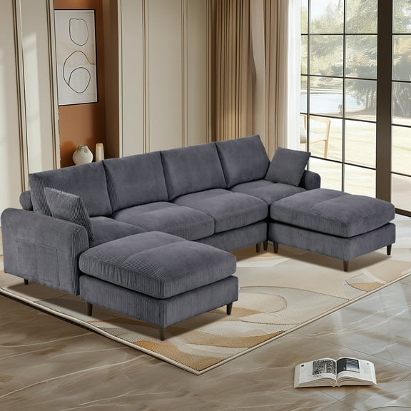 Modern corduroy modular section sofa, U-shaped convertible L-shaped sofa set with pillow, oversized sectional sofa with footstool, suitable for living room